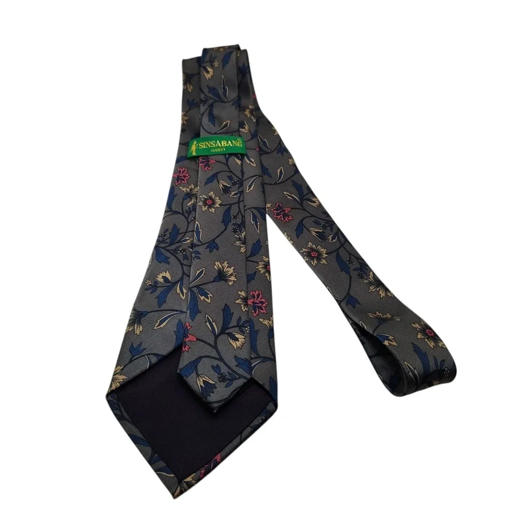Vintage‎ Sinsabang Silk Necktie Mens Tie Gray Blue Floral Made In Korea